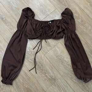 Brown, satin, long sleeve, crop top. H&M size medium.